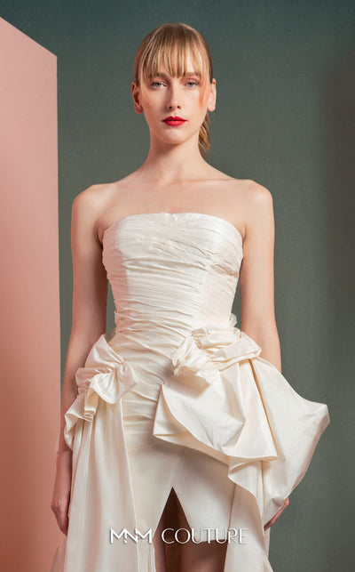 MNM Couture GOF2519 strapless dress in white taffeta, featuring a draped bodice, an asymmetrical hemline, and voluminous cascading ruffles down the side. | Couture Shop LA