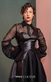 MNM Couture GOF2520 two-piece ensemble, featuring a black one-shoulder faux leather top and a matching black mikado piqué A-line skirt with leather side inserts. | Couture Shop LA
