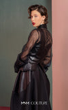 MNM Couture GOF2520 two-piece ensemble, featuring a black one-shoulder faux leather top and a matching black mikado piqué A-line skirt with leather side inserts. | Couture Shop LA