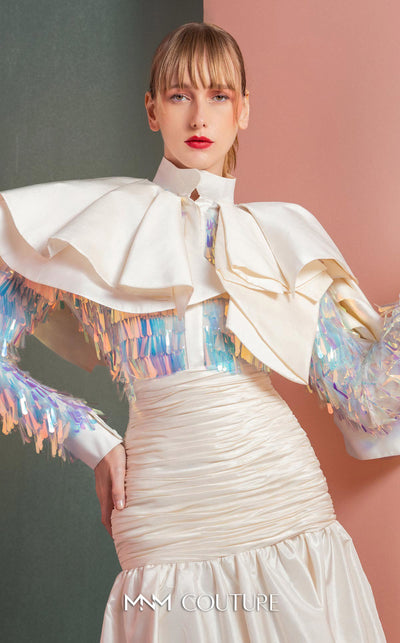 MNM Couture GOF2521 two-piece ensemble in white taffeta, featuring a top with dramatic shoulders and iridescent sequin embellishments, and a matching draped taffeta midi skirt. | Couture Shop LA