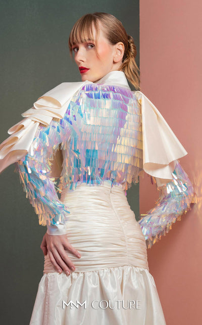 MNM Couture GOF2521 two-piece ensemble in white taffeta, featuring a top with dramatic shoulders and iridescent sequin embellishments, and a matching draped taffeta midi skirt. | Couture Shop LA