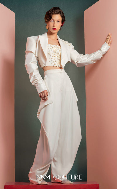MNM Couture GOF2522 three-piece white ensemble, including wide-leg draped trousers, a floral corset top, and a cropped asymmetrical jacket with floral and ruched detailing. | Couture Shop LA