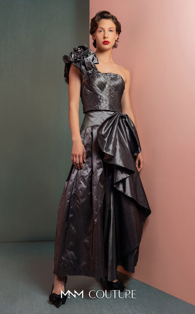 MNM Couture GOF2524 two-piece ensemble in metallic anthracite taffeta, featuring a one-shoulder top with a sculptural ruffle and a high-waisted skirt with matching oversized ruffles. | Couture Shop LA