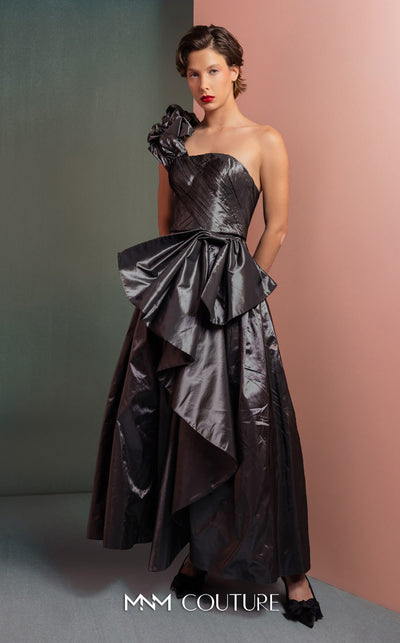MNM Couture GOF2524 two-piece ensemble in metallic anthracite taffeta, featuring a one-shoulder top with a sculptural ruffle and a high-waisted skirt with matching oversized ruffles. | Couture Shop LA