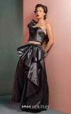 MNM Couture GOF2524 two-piece ensemble in metallic anthracite taffeta, featuring a one-shoulder top with a sculptural ruffle and a high-waisted skirt with matching oversized ruffles. | Couture Shop LA