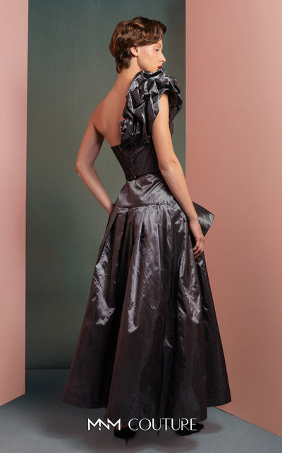 MNM Couture GOF2524 two-piece ensemble in metallic anthracite taffeta, featuring a one-shoulder top with a sculptural ruffle and a high-waisted skirt with matching oversized ruffles. | Couture Shop LA