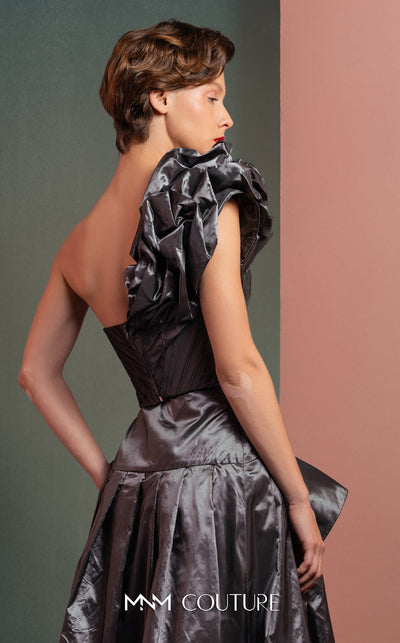 MNM Couture GOF2524 two-piece ensemble in metallic anthracite taffeta, featuring a one-shoulder top with a sculptural ruffle and a high-waisted skirt with matching oversized ruffles. | Couture Shop LA
