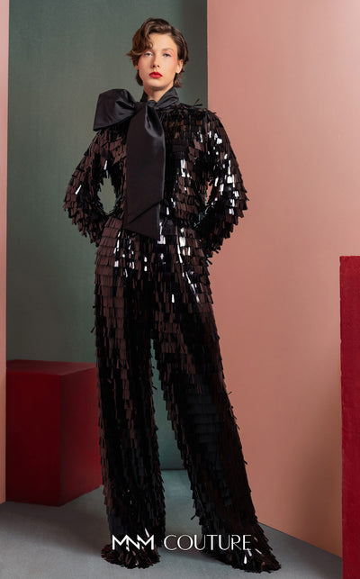 MNM Couture GOF2526 two-piece black sequin ensemble, featuring a long-sleeve blouse with a large taffeta bow at the neck and matching flared sequin pants. | Couture Shop LA
