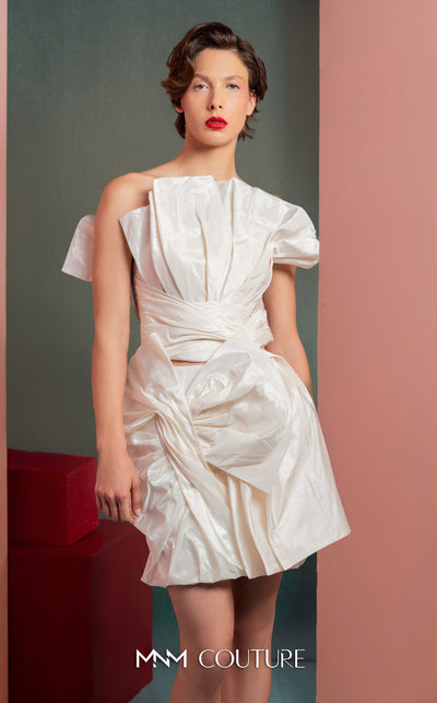MNM Couture GOF2527 two-piece ensemble in white taffeta, featuring a voluminous asymmetrical ruched top with sculptural pleats and a matching intricately ruched mini skirt. | Couture Shop LA