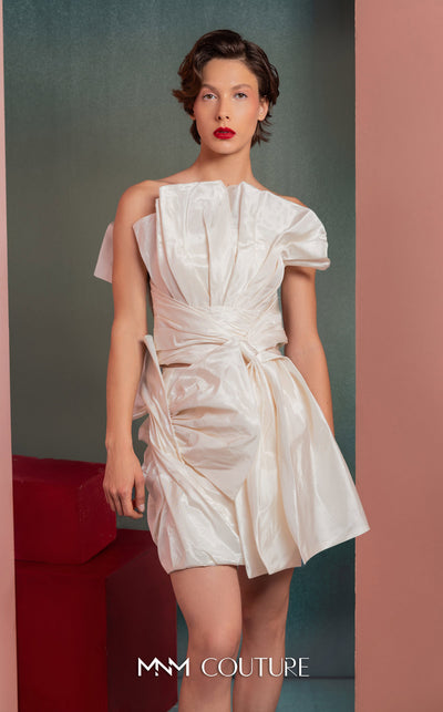 MNM Couture GOF2527 two-piece ensemble in white taffeta, featuring a voluminous asymmetrical ruched top with sculptural pleats and a matching intricately ruched mini skirt. | Couture Shop LA