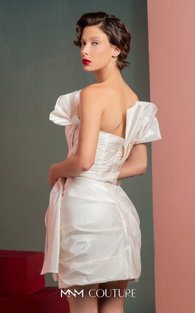 MNM Couture GOF2527 two-piece ensemble in white taffeta, featuring a voluminous asymmetrical ruched top with sculptural pleats and a matching intricately ruched mini skirt. | Couture Shop LA