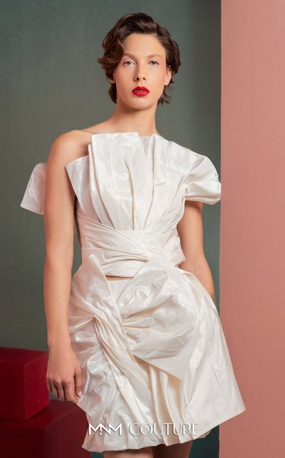 MNM Couture GOF2527 two-piece ensemble in white taffeta, featuring a voluminous asymmetrical ruched top with sculptural pleats and a matching intricately ruched mini skirt. | Couture Shop LA