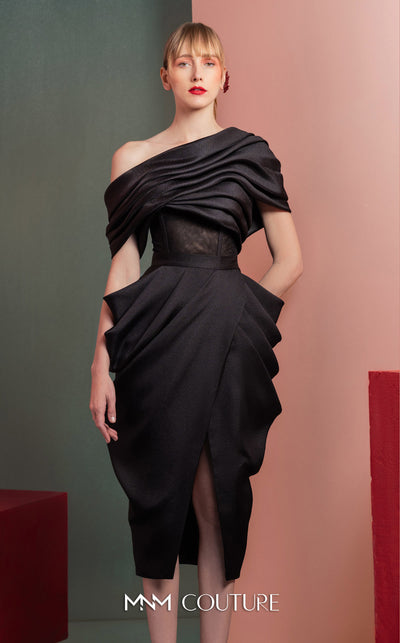 MNM Couture GOF2528 two-piece ensemble in black mikado piqu�, featuring a sculpted skirt with intricate draping and a matching draped one-shoulder top. | Couture Shop LA