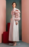 MNM Couture GOF2529 two-piece ensemble, featuring high-waisted white taffeta wide-leg pants and a tailored soft pink blouse with intricate ruffled sleeves. | Couture Shop LA