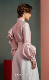 MNM Couture GOF2529 two-piece ensemble, featuring high-waisted white taffeta wide-leg pants and a tailored soft pink blouse with intricate ruffled sleeves. | Couture Shop LA