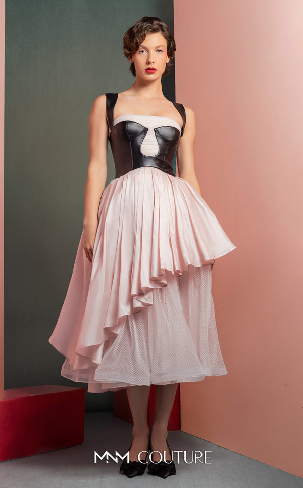 MNM Couture GOF2530 pink midi dress with a black leather bodice, layered pink tulle, and a cascading asymmetrical taffeta overlay. | Couture Shop LA