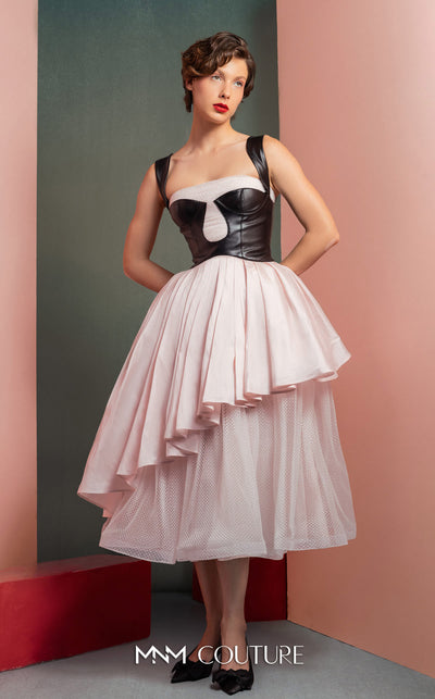 MNM Couture GOF2530 pink midi dress with a black leather bodice, layered pink tulle, and a cascading asymmetrical taffeta overlay. | Couture Shop LA