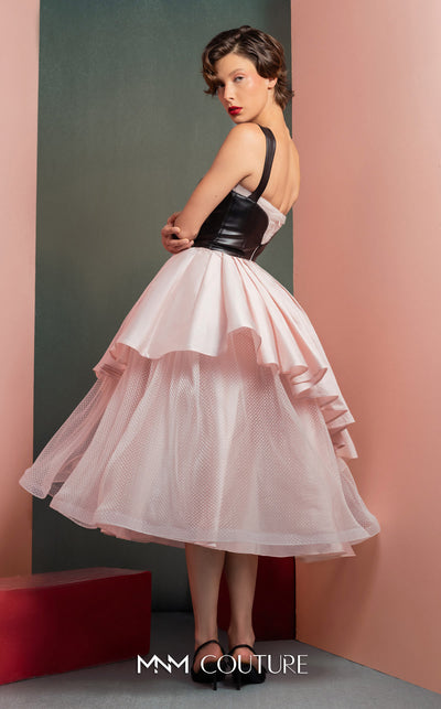 MNM Couture GOF2530 pink midi dress with a black leather bodice, layered pink tulle, and a cascading asymmetrical taffeta overlay. | Couture Shop LA