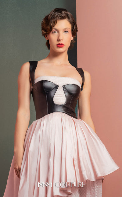MNM Couture GOF2530 pink midi dress with a black leather bodice, layered pink tulle, and a cascading asymmetrical taffeta overlay. | Couture Shop LA