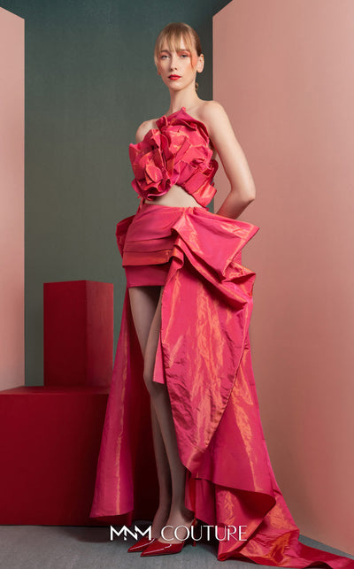 MNM Couture GOF2531 ensemble, featuring a dramatic fuchsia metallic taffeta high-low skirt and a matching sculptural top with a sequin-back finish. | Couture Shop LA