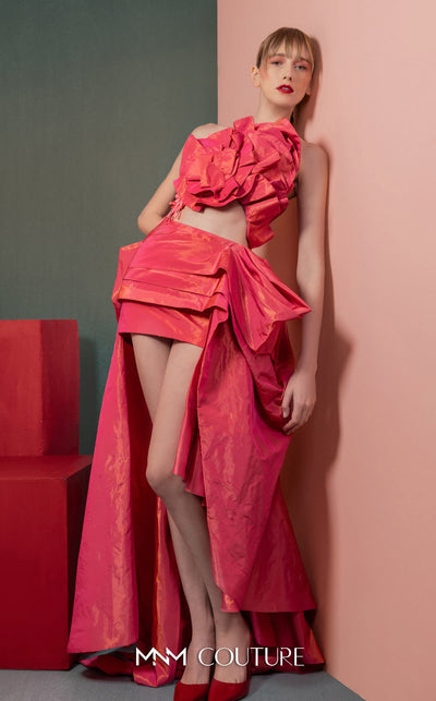 MNM Couture GOF2531 ensemble, featuring a dramatic fuchsia metallic taffeta high-low skirt and a matching sculptural top with a sequin-back finish. | Couture Shop LA