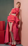 MNM Couture GOF2531 ensemble, featuring a dramatic fuchsia metallic taffeta high-low skirt and a matching sculptural top with a sequin-back finish. | Couture Shop LA