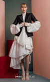 MNM Couture GOF2532 ensemble, featuring a high-low voluminous white taffeta skirt paired with a sharply tailored minimalist black blazer. | Couture Shop LA