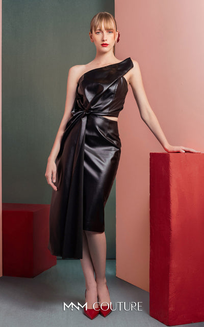 MNM Couture GOF2533 black leather midi dress, featuring an asymmetrical one-shoulder design with a knot detail at the waist. | Couture Shop LA