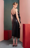 MNM Couture GOF2533 black leather midi dress, featuring an asymmetrical one-shoulder design with a knot detail at the waist. | Couture Shop LA