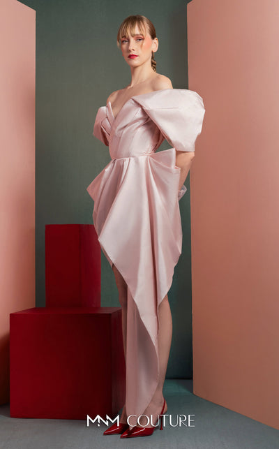 MNM Couture GOF2534 asymmetrical pink taffeta dress with voluminous draped off-shoulder sleeves and layered dramatic draping. | Couture Shop LA