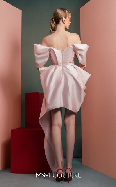 MNM Couture GOF2534 asymmetrical pink taffeta dress with voluminous draped off-shoulder sleeves and layered dramatic draping. | Couture Shop LA