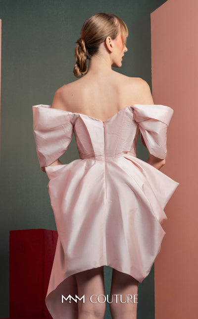 MNM Couture GOF2534 asymmetrical pink taffeta dress with voluminous draped off-shoulder sleeves and layered dramatic draping. | Couture Shop LA