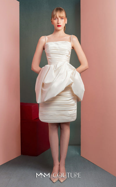 MNM Couture GOF2535 white taffeta dress with delicate crystal straps, unique draping, and sheer mesh side panels. | Couture Shop LA