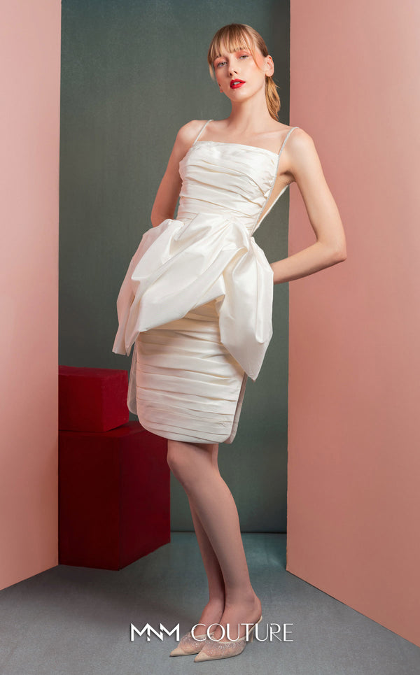 MNM Couture GOF2535 white taffeta dress with delicate crystal straps, unique draping, and sheer mesh side panels. | Couture Shop LA