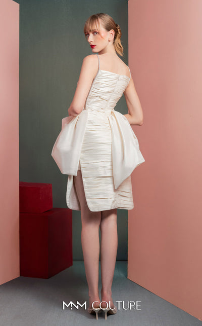 MNM Couture GOF2535 white taffeta dress with delicate crystal straps, unique draping, and sheer mesh side panels. | Couture Shop LA