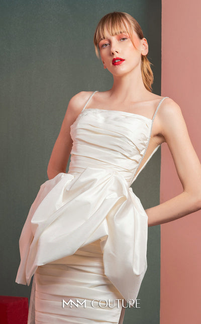 MNM Couture GOF2535 white taffeta dress with delicate crystal straps, unique draping, and sheer mesh side panels. | Couture Shop LA