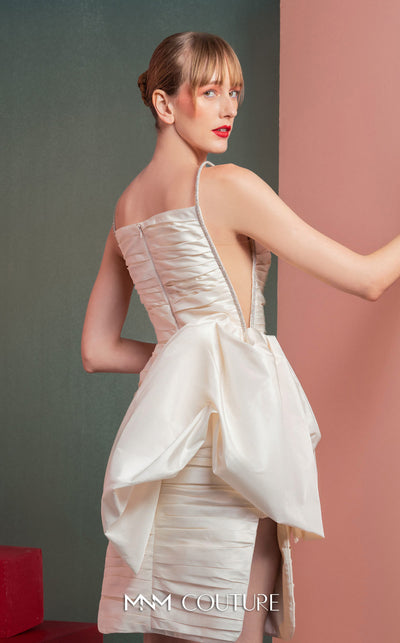 MNM Couture GOF2535 white taffeta dress with delicate crystal straps, unique draping, and sheer mesh side panels. | Couture Shop LA