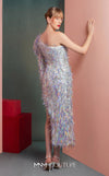 MNM Couture GOF2536 silver one-shoulder dress adorned with iridescent fringe and a thigh-high slit for dazzling movement. | Couture Shop LA