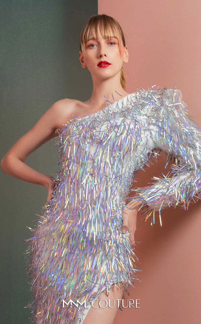 MNM Couture GOF2536 silver one-shoulder dress adorned with iridescent fringe and a thigh-high slit for dazzling movement. | Couture Shop LA