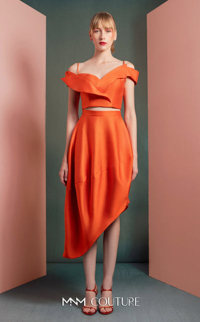 MNM Couture GOF2537 orange mikado piqu� high-low skirt with elegant draping, paired with an off-the-shoulder ruffled cropped top. | Couture Shop LA