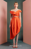 MNM Couture GOF2537 orange mikado piqué high-low skirt with elegant draping, paired with an off-the-shoulder ruffled cropped top. | Couture Shop LA