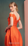 MNM Couture GOF2537 orange mikado piqu� high-low skirt with elegant draping, paired with an off-the-shoulder ruffled cropped top. | Couture Shop LA