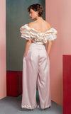 MNM Couture GOF2538 pink taffeta wide-leg pants ensemble with a voluminous off-shoulder ruffled crop top. | Couture Shop LA