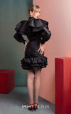 MNM Couture GOF2539 two-piece ensemble in black taffeta, featuring a dramatic ruffled blouse with sheer neckline accents and a matching ruched skirt with a ruffled hem. | Couture Shop LA