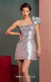 MNM Couture GOF2541 one-shoulder mini dress in shimmering silver sequins, featuring a fitted silhouette and a delicate scalloped hemline. | Couture Shop LA