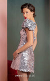 MNM Couture GOF2541 one-shoulder mini dress in shimmering silver sequins, featuring a fitted silhouette and a delicate scalloped hemline. | Couture Shop LA