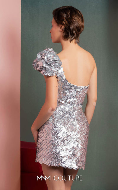 MNM Couture GOF2541 one-shoulder mini dress in shimmering silver sequins, featuring a fitted silhouette and a delicate scalloped hemline. | Couture Shop LA