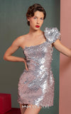 MNM Couture GOF2541 one-shoulder mini dress in shimmering silver sequins, featuring a fitted silhouette and a delicate scalloped hemline. | Couture Shop LA