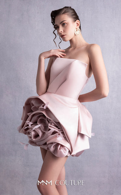 MNM Couture GOS2502 Pink sequin mini dress with angular strapless bodice and puffy organza skirt overlay, ideal for chic and glamorous occasions. | Couture Shop LA