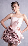 MNM Couture GOS2502 Pink sequin mini dress with angular strapless bodice and puffy organza skirt overlay, ideal for chic and glamorous occasions. | Couture Shop LA